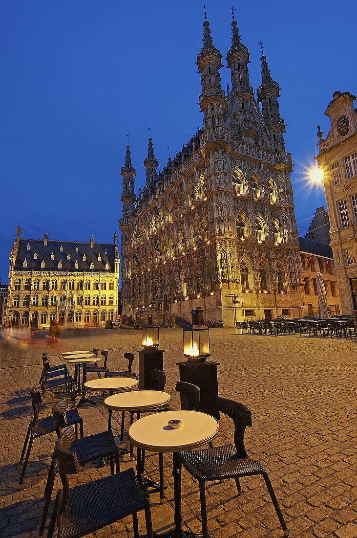 Town Hall (Stadhuis) in Grote Markt at dusk, Leuven. Brabant, Flanders, Belgium