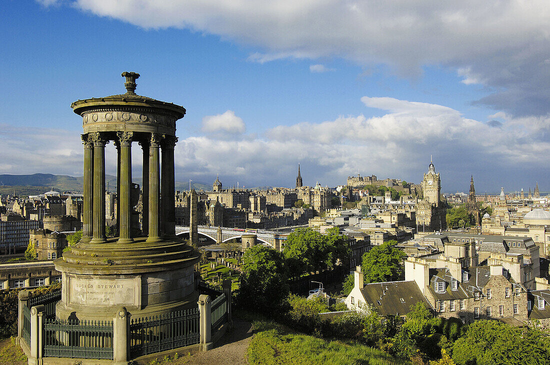 Dugald Stewart Monument and princes Street at background  Calton Hill  Edinburgh  Lothian Region  Scotland  U K