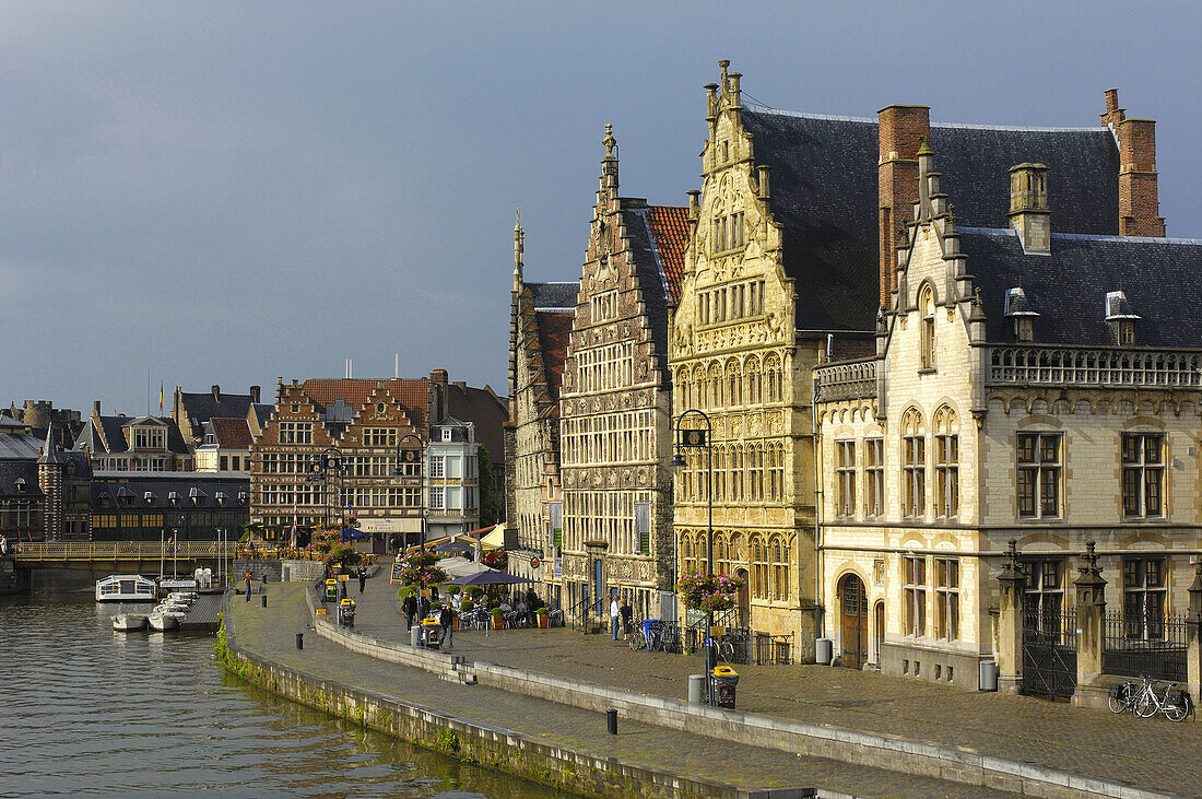 Houses facade and Water reflections at Leie River  Ghent  Flanders  Belgium