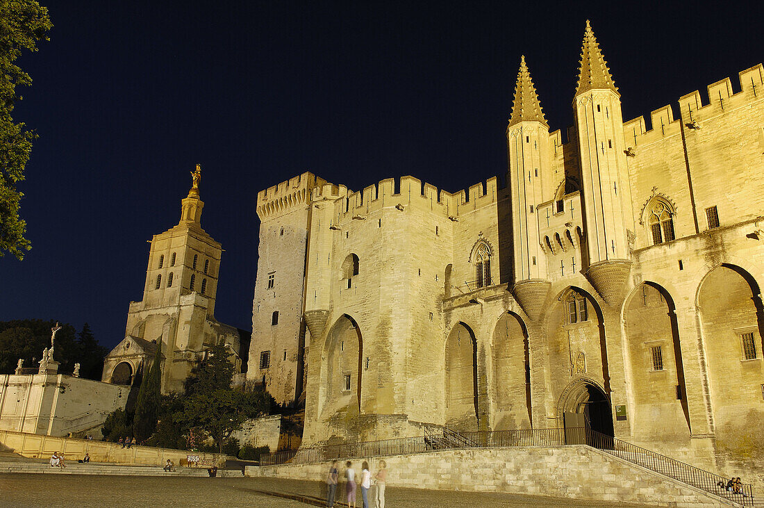 Papal Palace Palais des Papes and Notre Dame des Doms Cathedral at Dusk  Avignon  Vaucluse  Provence-Alpes-Côte dAzur  Rhone valley  Provence  France