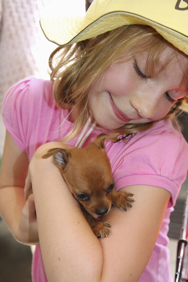 Little girl cuddling a Chihuahua puppy