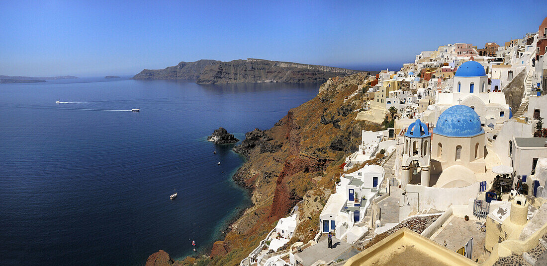 Blue, Churches, Crater, Domed, Greece, Island, Of, Oia, Oía, Santorini, Thera, Thira, Town, N45-764378, agefotostock
