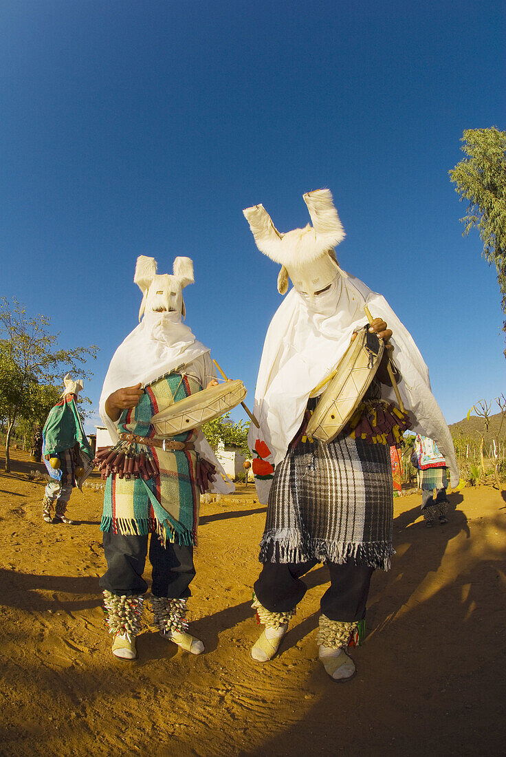 Pascola dancers, Dance of the Deer, Mayo Indian men performing during Semana Santa Holy Week in the village of Capomos near El Fuerte, Mexico