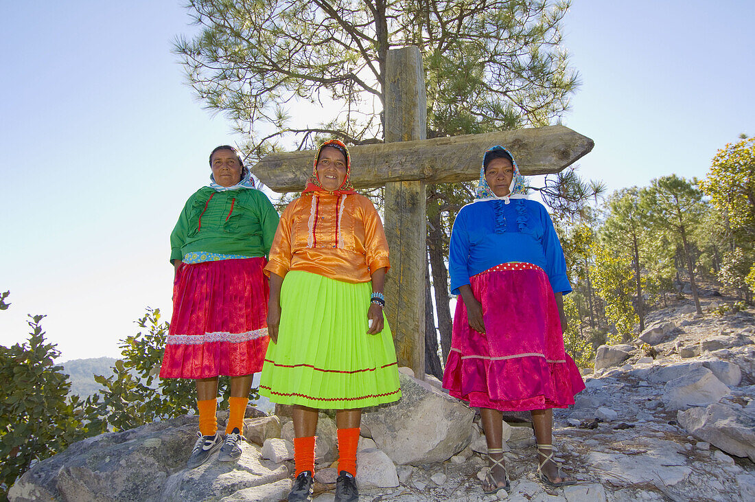 Tarahumara Indian women wearing their colorful native costumes, Copper Canyon near San Rafael, Mexico