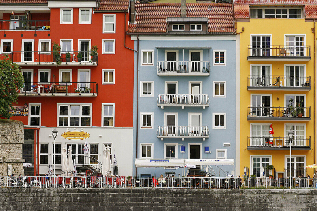 Colourful buildings on the riverbank, Kufstein, Tyrol, Austria