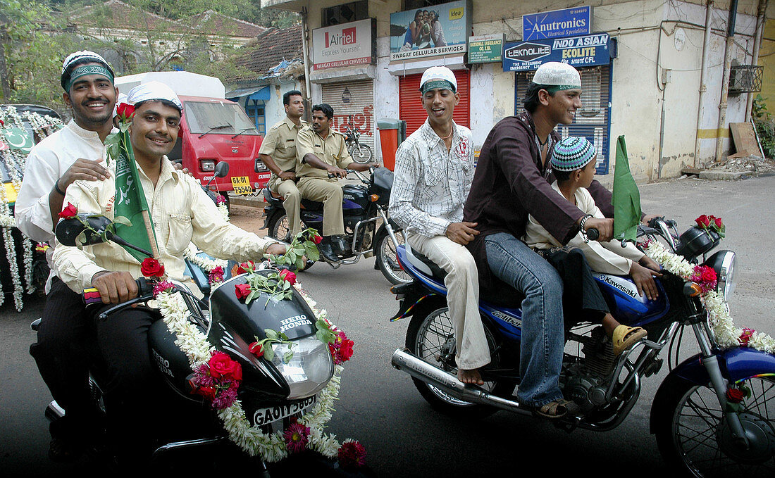Panjim Goa, India, Muslims on motor-bikes during the Jashn-Eid-Milad Un Nabi feast, to commemorate prophet Mohammeds birth
