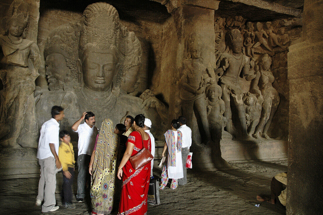 Mumbai India, Indian family visiting the Elephanta Caves