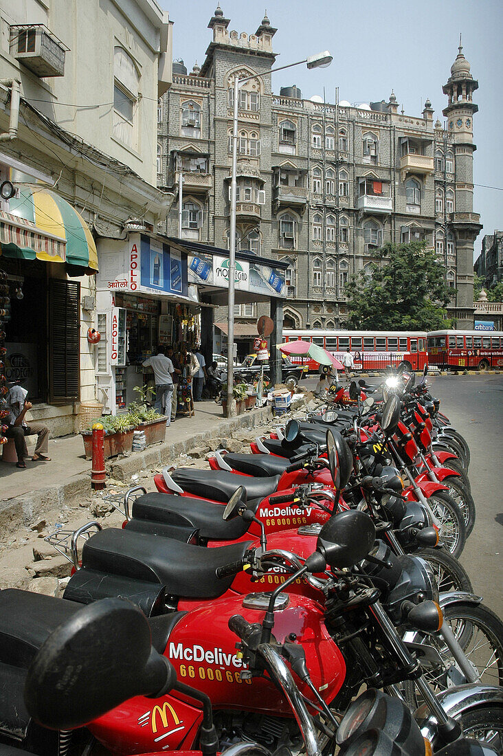Mumbai India, McDonalds motor-bikes parked in Colaba