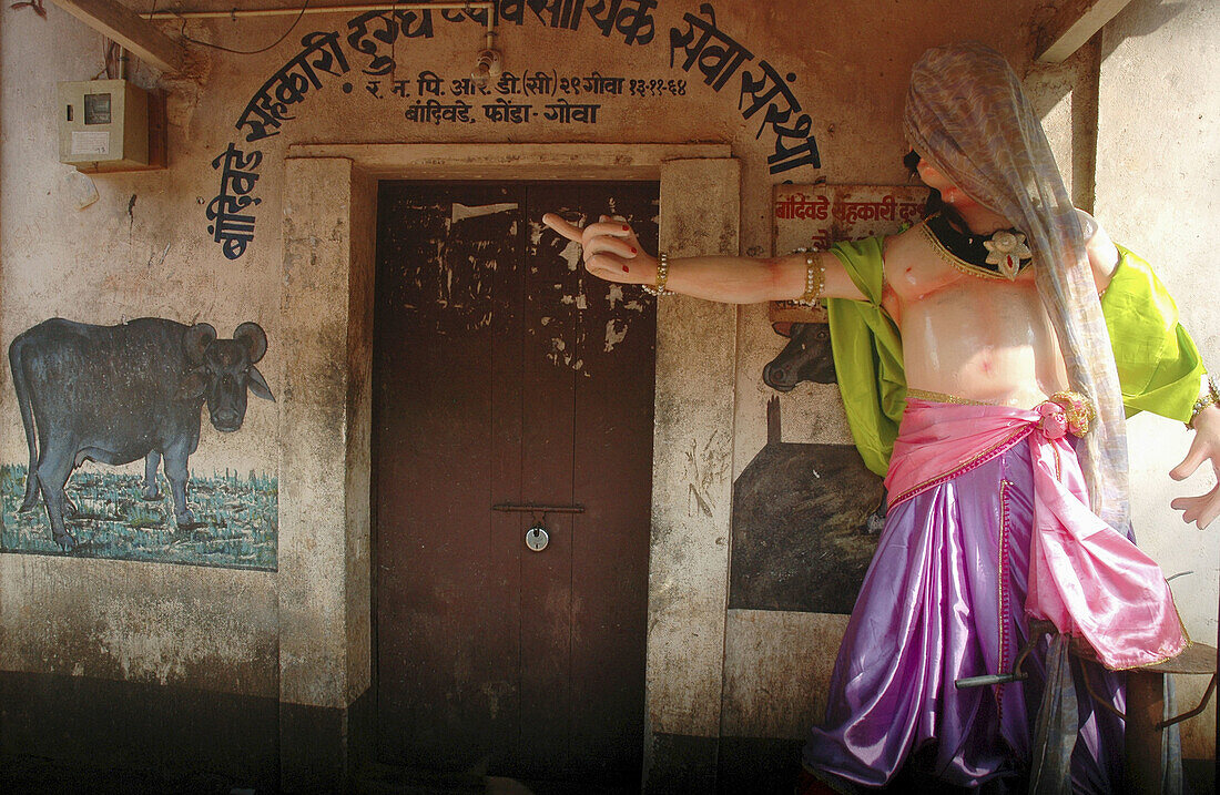 Ponda Goa, India, a Shigmotsav puppet left at a house door