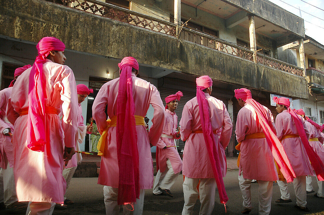 Mapusa Goa, India, figurants dancing during the Shigmotsav parade