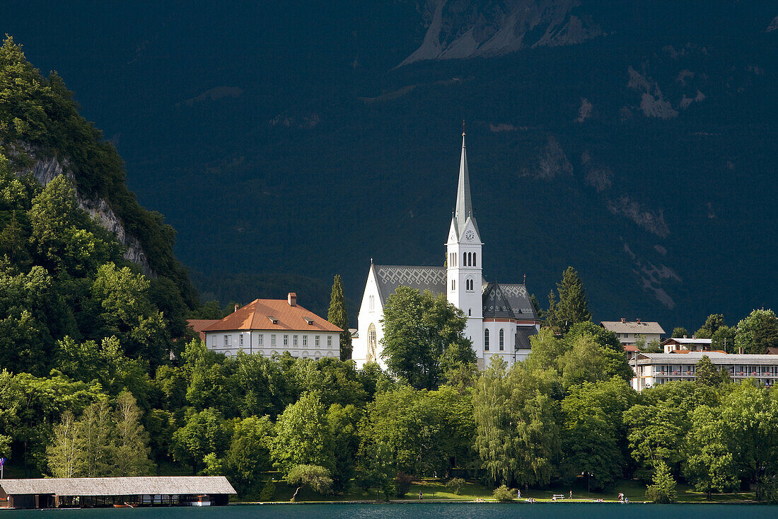 General view of Lake Bled and Church of San Martín, Bled, Slovenia, Europe.
