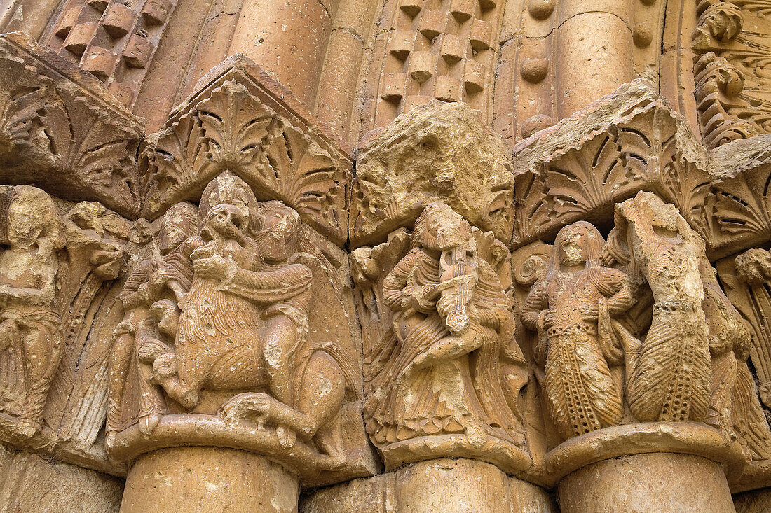 Detail of the capitals of the church of San Juan Bautista. Moarves de Ojeda. Palencia. Castilla y Leon. Spain.