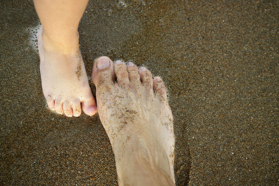 Baby and father feet on the sand