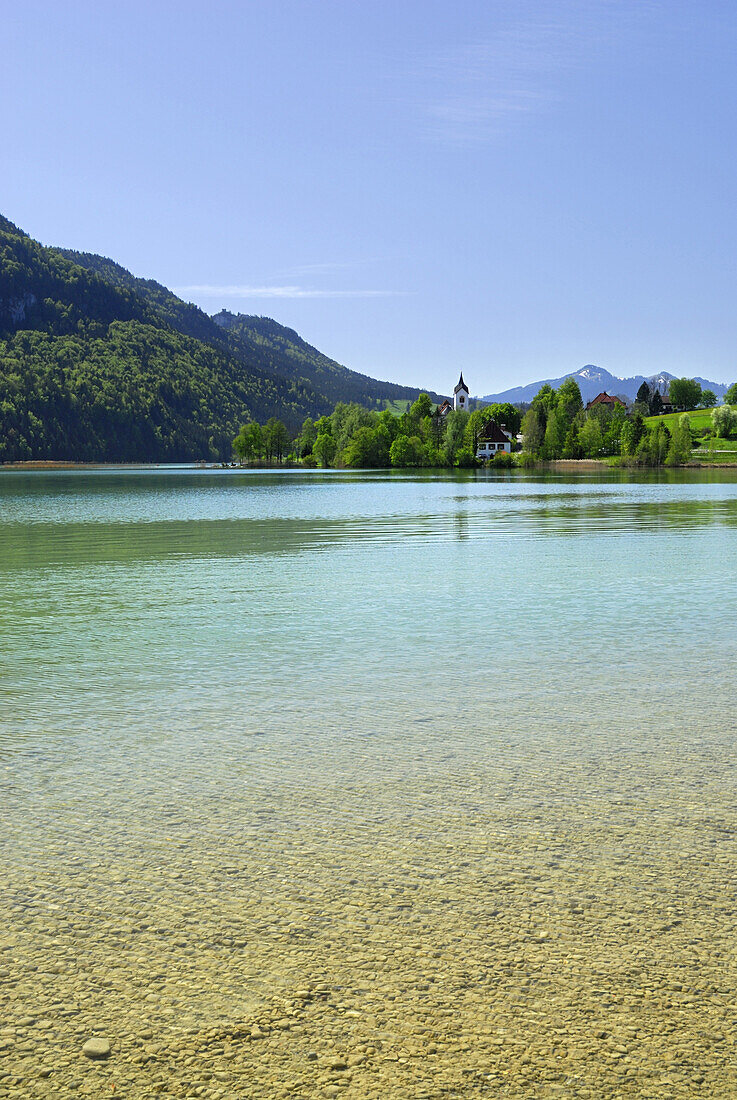 View over lake Weissensee, Fuessen, Allgaeu, Swabia, Bavaria, Germany
