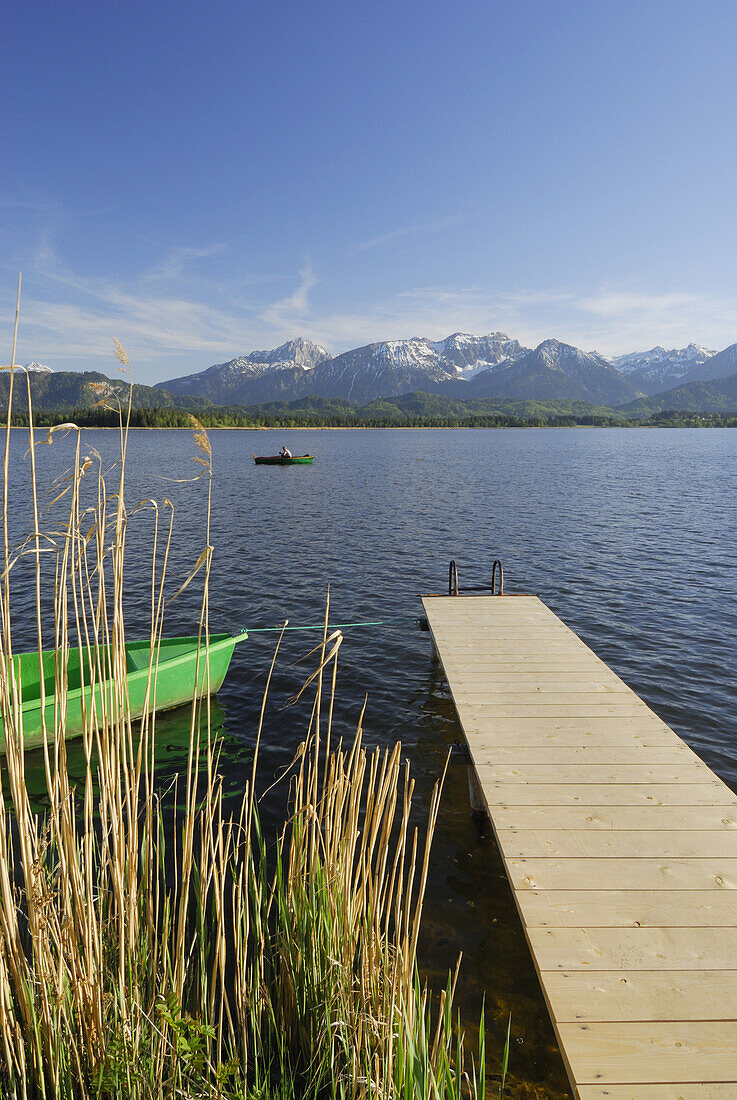 Holzsteg am Hopfensee mit Tannheimer Berge im Hintergrund, Allgäu, Schwaben, Bayern, Deutschland