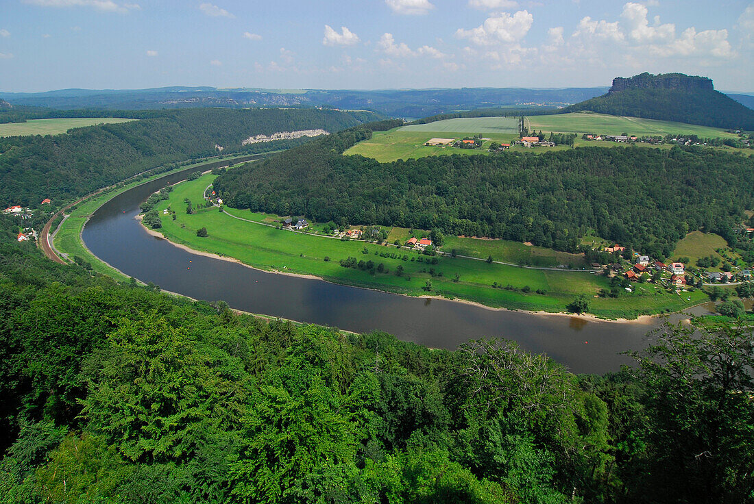 View over Elbe river to mount Lilienstein, Saxon Switzerland, Elbe Sandstone Mountains, Saxony, Germany