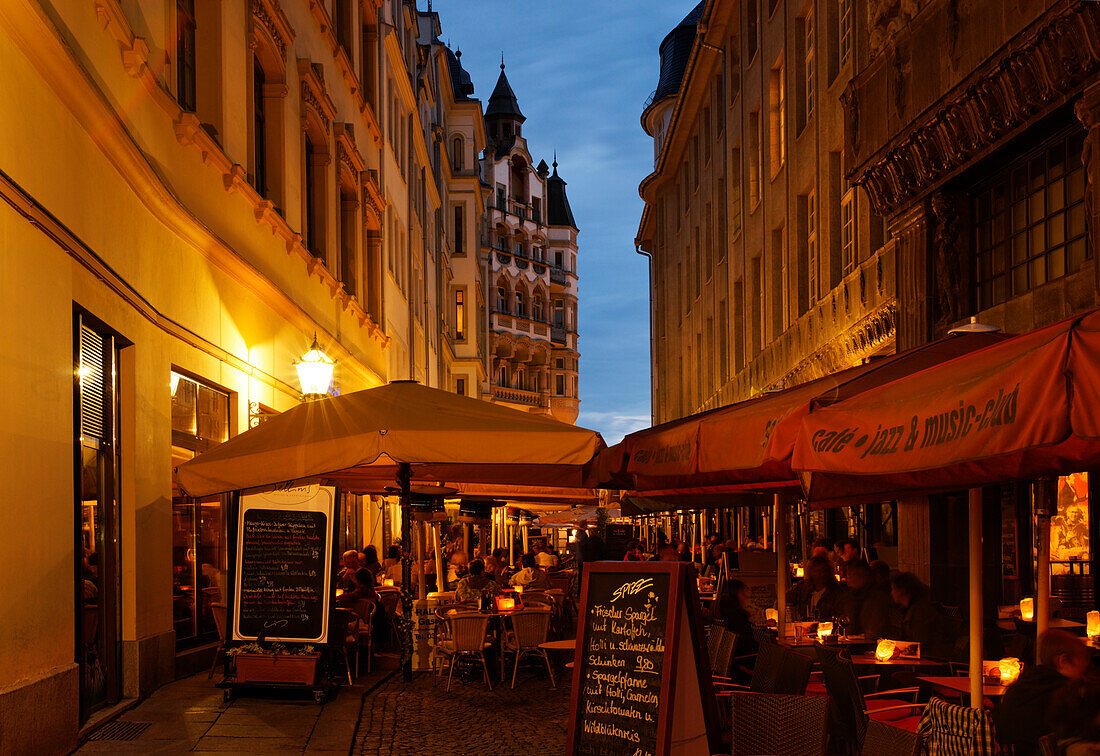 View along Barfussgaesschen at night, Leipzig, Saxony, Germany