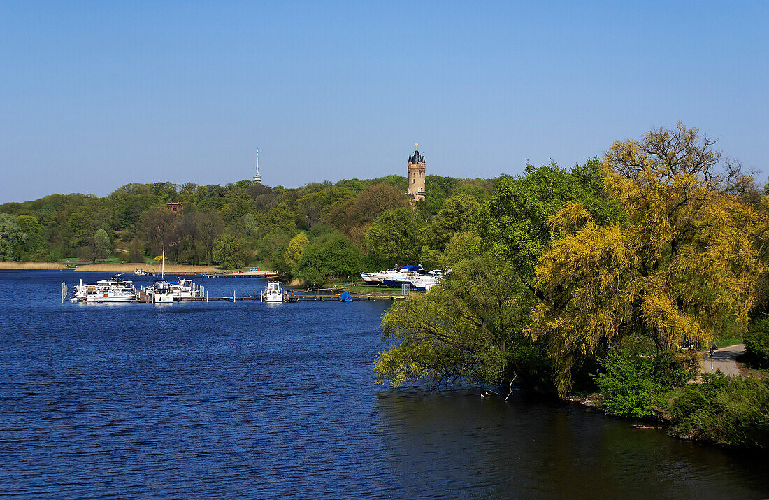 View over Deep Lake to Flatow tower, Babelsberg Park, Potsdam, Brandenburg, Germany