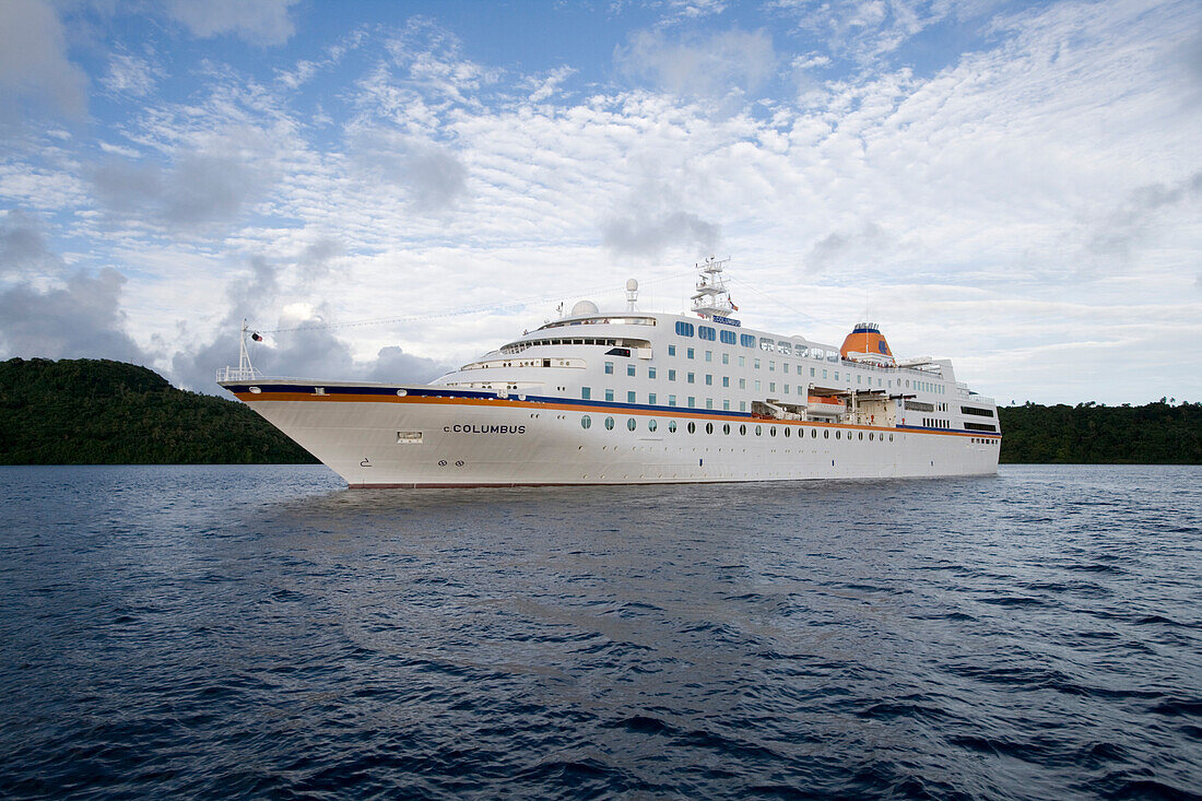 Cruiseship MV Columbus under clouded sky, Vava'u archipelago, Tonga, South Pacific, Oceania