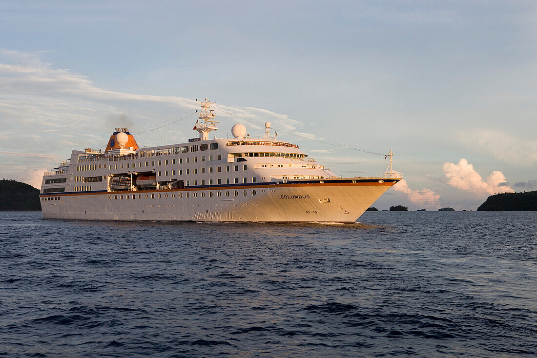 Cruiseship MV Columbus in the light of the evening sun, Vava'u archipelago, Tonga, South Pacific, Oceania