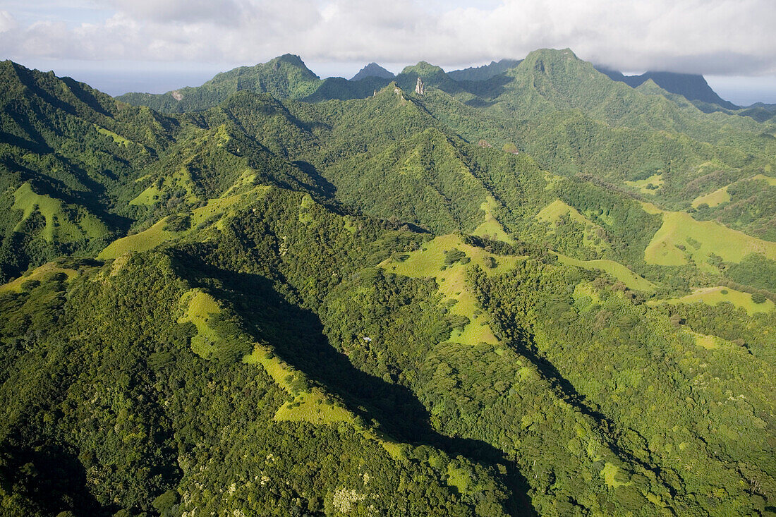 Aerial view of green mountains on the island, Rarotonga, Cook Islands, South Pacific, Oceania