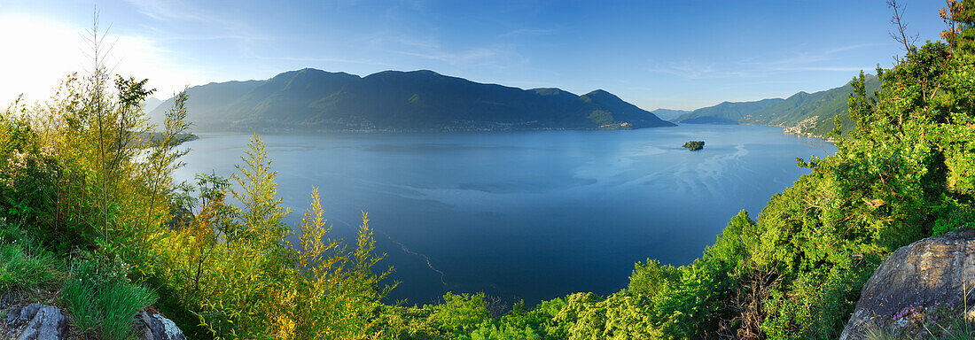 Panorama of lake Maggiore with isle of Brissago, Isole di Brissago, and Monte Gambarogno, Ronco sopra Ascona, lake Maggiore, Lago Maggiore, Ticino, Switzerland