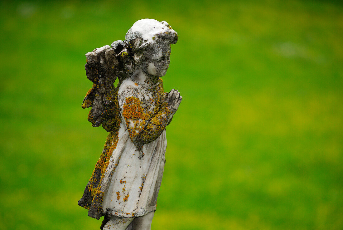Engel aus Marmor faltet Hände, von Flechten überwachsen, Rossura, Valle Leventina, Tessin, Schweiz