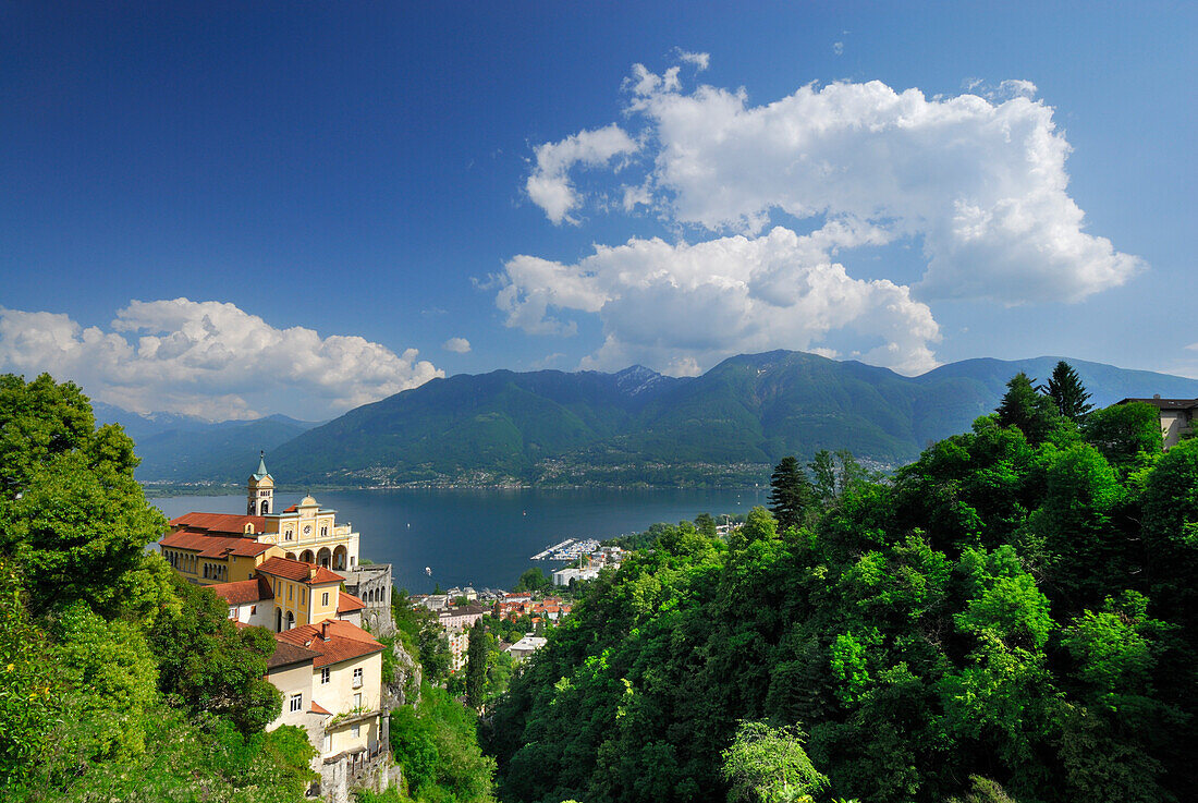 Pilgrimage church Santa Maria Assunta, Madonna del Sasso, above Locarno with lake Maggiore, Monte Tamaro and Monte Gambarogno in the background, Locarno, Lago Maggiore, Ticino, Switzerland