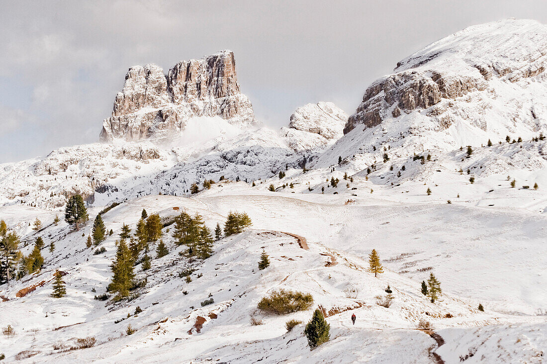 Snow-covered Cinque Torri, Dolomites, Veneto, Italy