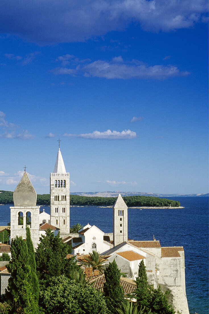 View over Bay of Kvarner and steeples in the sunlight, Rab island, Croatian Adriatic Sea, Dalmatia, Croatia, Europe