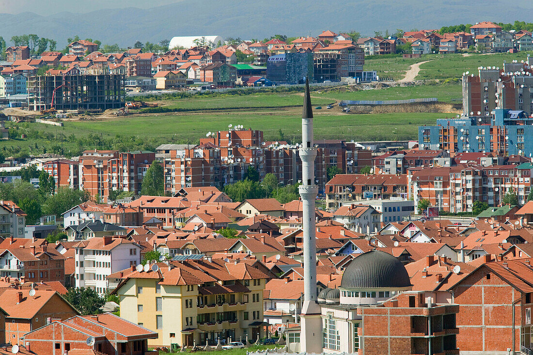 Kosovo. Prishtina. Mosque and western suburbs