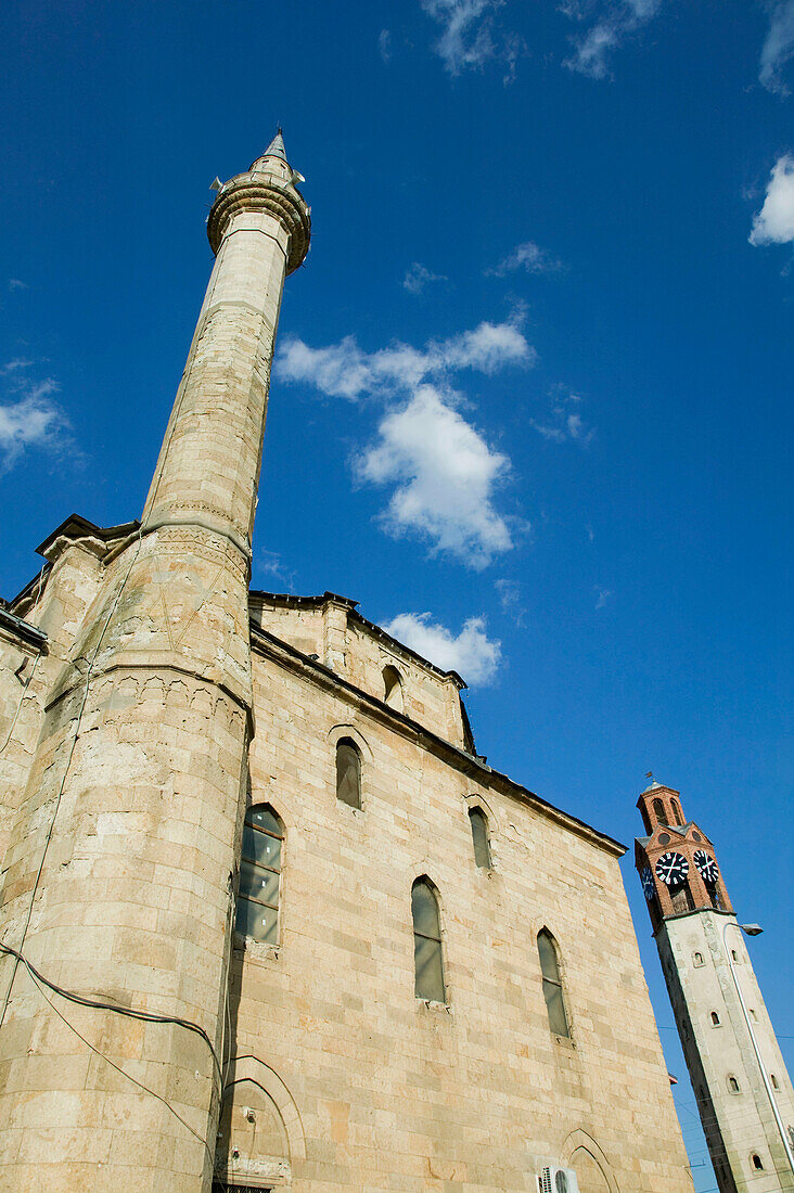 Kosovo. Prishtina. Exterior of the Jashar Pasha Mosque and Turkish Quarter Clock Tower
