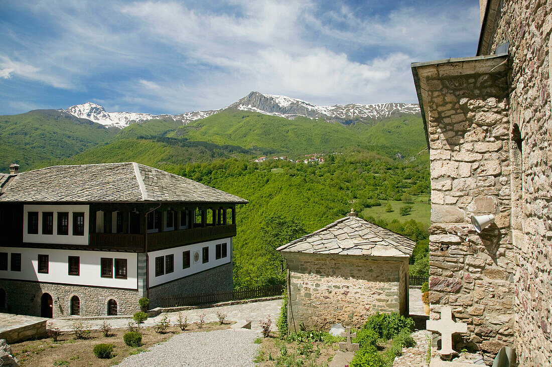 Macedonia. Mavrovo National Park. Sveti Jovan Bigorski Monastery (b.1020) named after St. John the Baptist. Exterior/Landscape