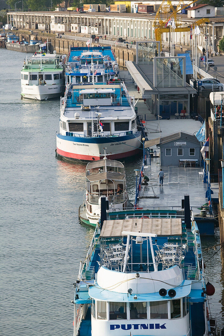 Serbia. Belgrade. Danube River Barges at Sava River Cruiseport