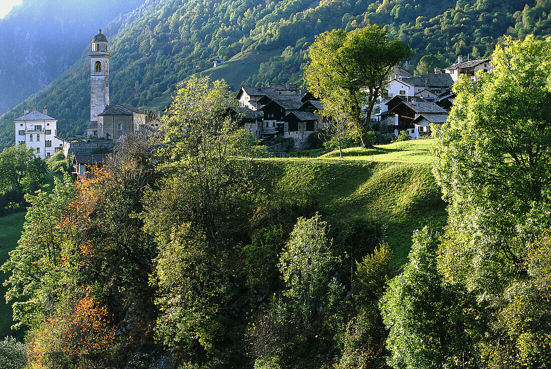 Switzerland, Soglio, village in rural landscape