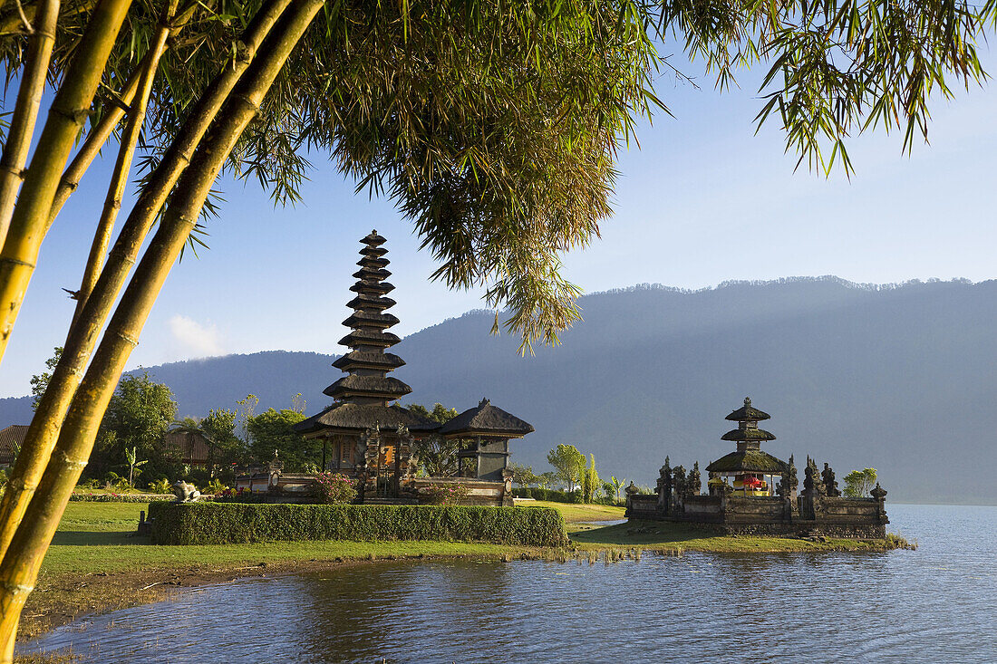 Candikuning Temple, Lake Bratan, Bali, Indonesia. Early morning temple & lake