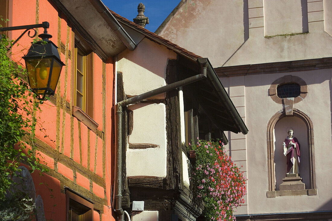 Detail of houses and church, Kaysersberg, Alsace, France