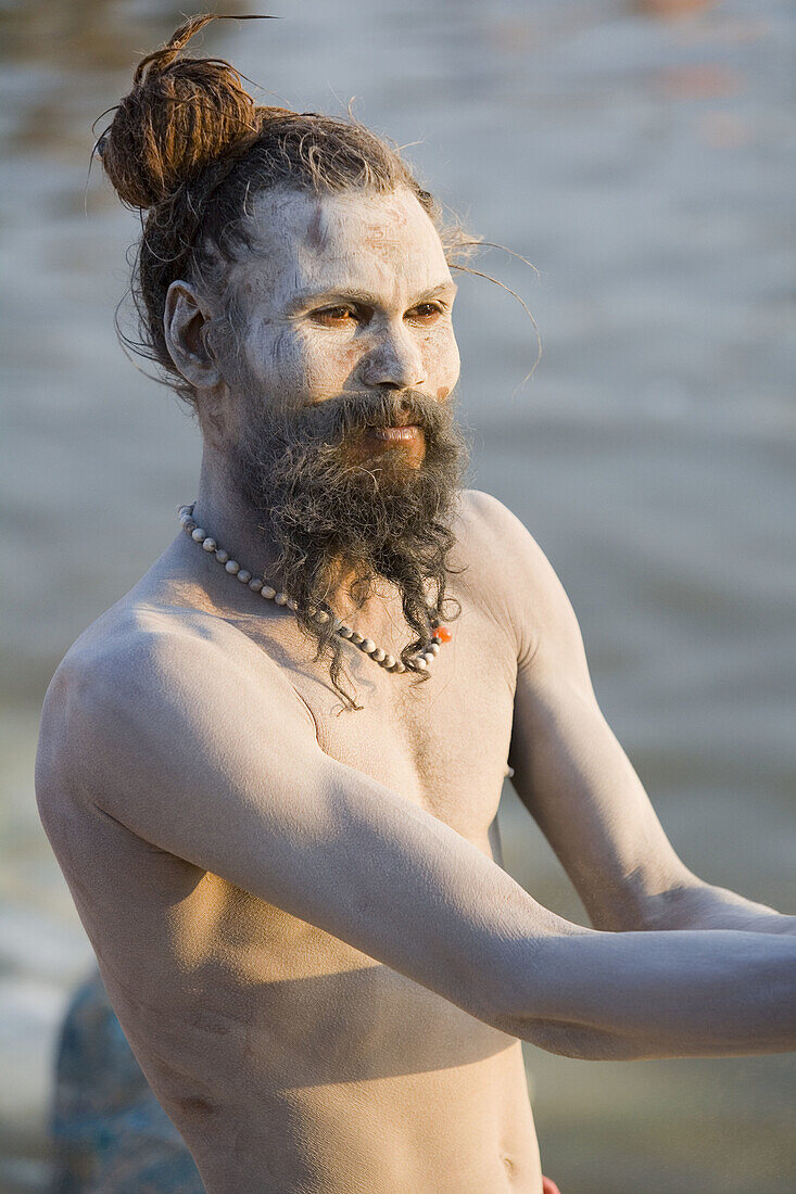 Sadhu covered in ash at Kumbh Mela festival. Allahabad, Uttar Pradesh, India