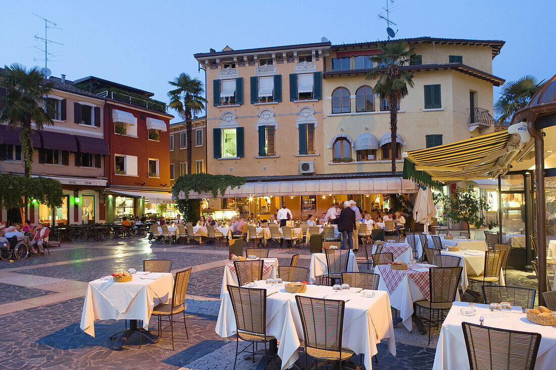 Restaurants in Piazza Giosue Carducci square, Sirmione, Lombardy, Italy