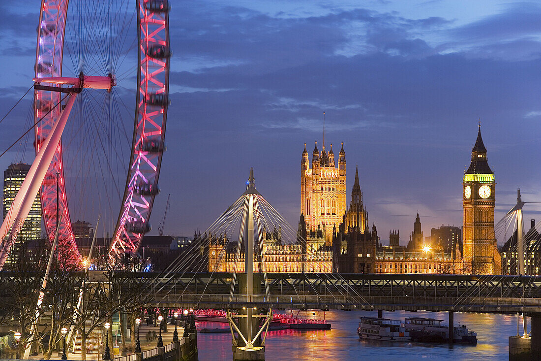 Houses of Parliament, London Eye &amp; Jubilee Bridge on River Thames, London, UK