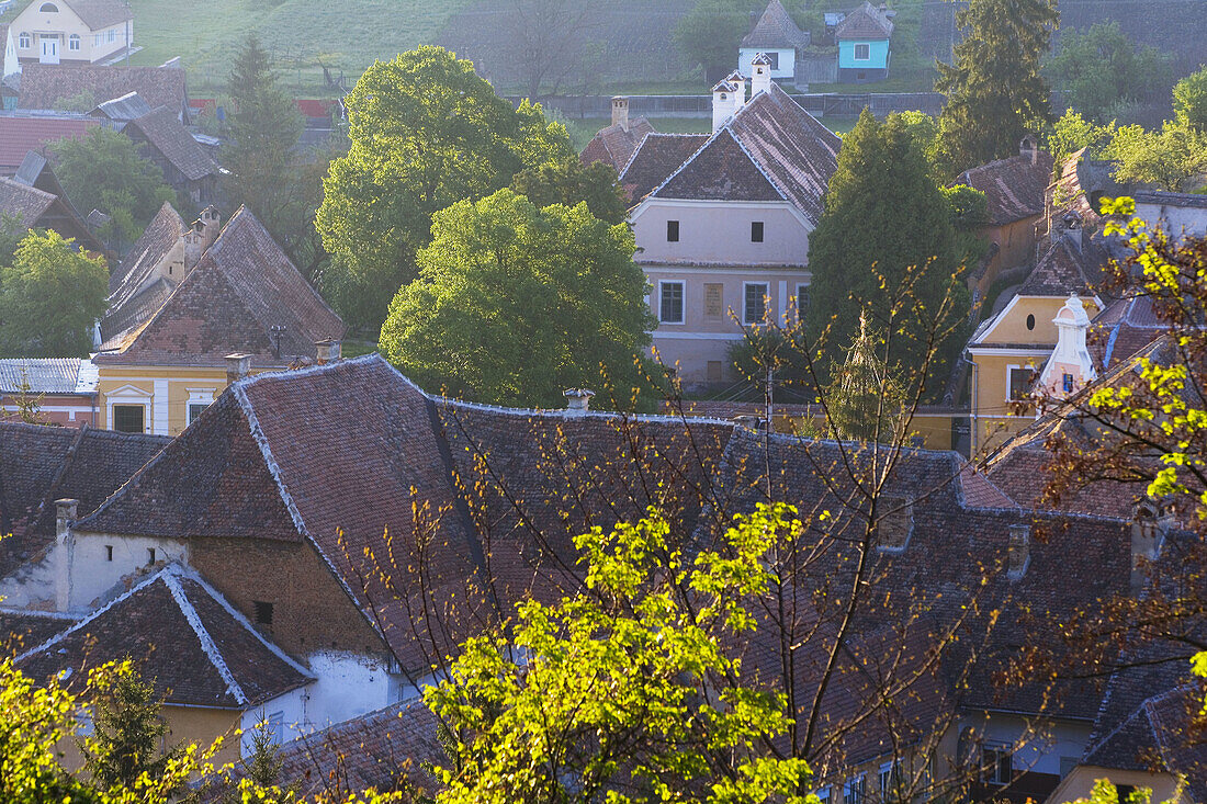 View over village & fortified church, Biertan, Transylvania, Romania