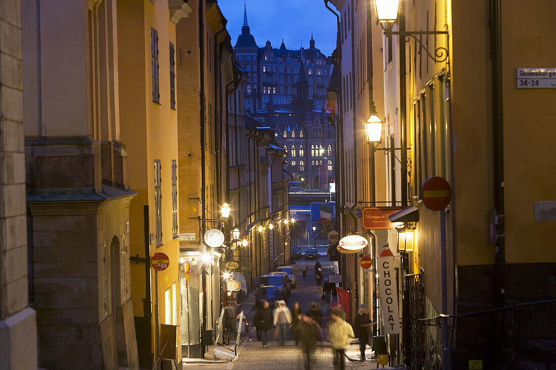 View to Sodermalm from the narrow streets of Gamla Stan, Stockholm, Sweden