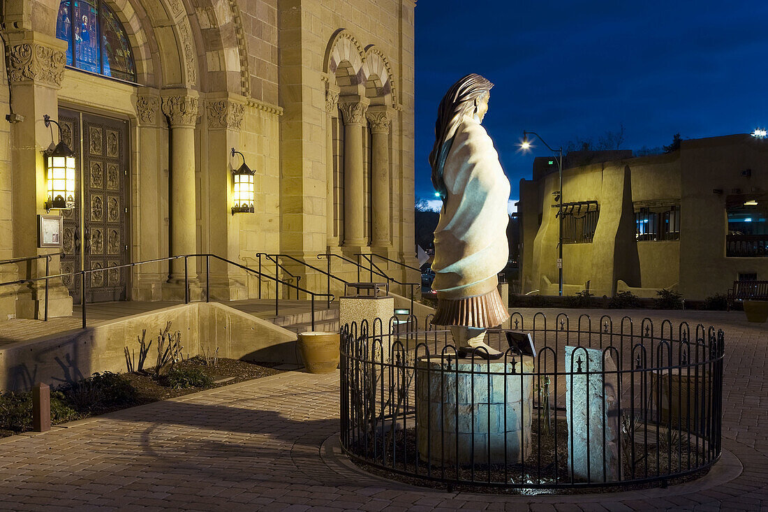 Saint Francis Cathedral, Santa Fe, New Mexico, USA. Statue of Kateri Tekakwitha (1656-80) first Indian of N. America to be promoted as a saint.