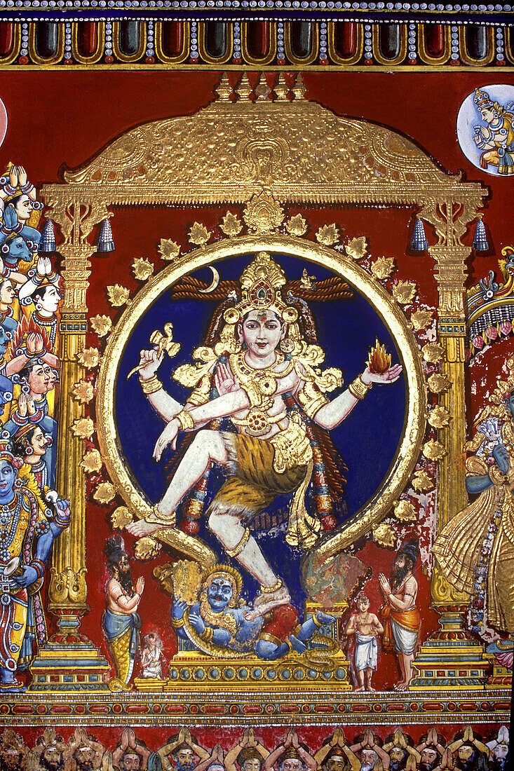 Mural: Lord Nataraja figure of Shiva, the Cosmic Dancer. Paintings on the walls of Chitra Sabha (hall of pictures) in Courtallam, Tamil Nadu, India.