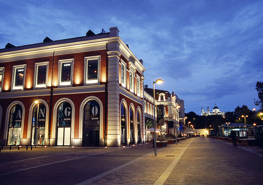 Night view of Principe Pío shopping center, Madrid, Spain