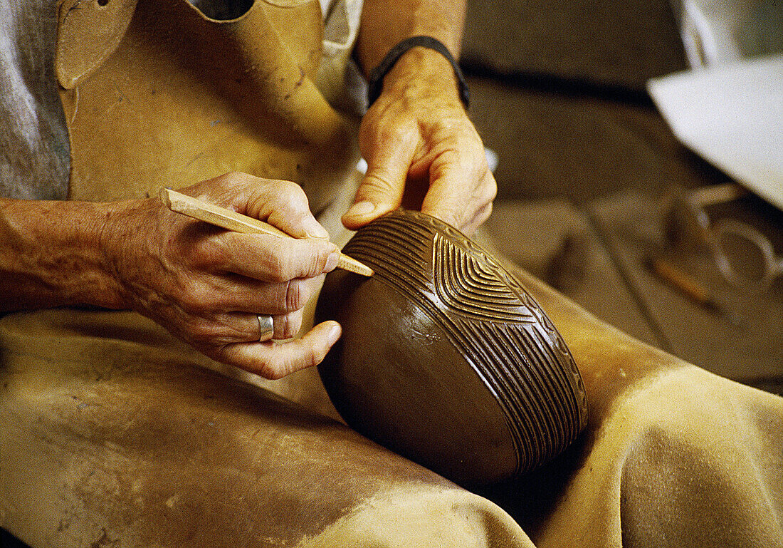 Craftsmans hands making a ceramic bowl, Villa de Mazo, La Palma island, Canary Islands, Spain