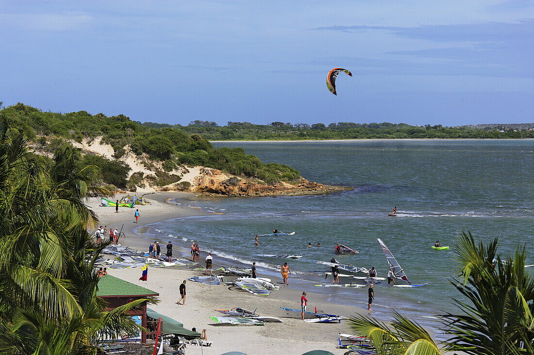 Windsurfers and kitesurfers at Playa El Yaque, Isla Margarita, Nueva Esparta, Venezuela