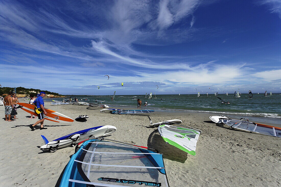 Windsurfing boards lying on beach Playa El Yaque, Isla Margarita, Nueva Esparta, Venezuela