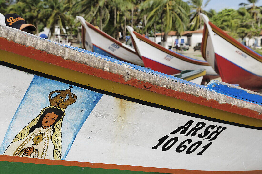Fischerboot mit Marienbildnis, Playa El Tirano, Isla de Margarita, Nueva Esparta, Venezuela