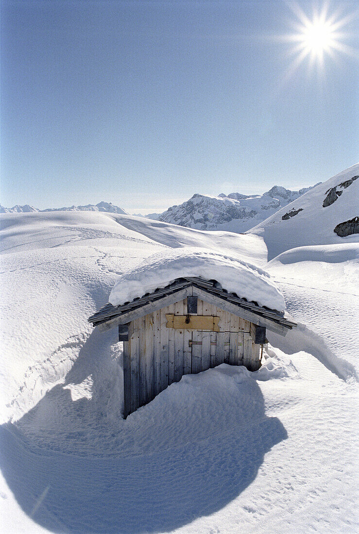 Alpine hut surrounded by snow, Winter, Lech, Austria
